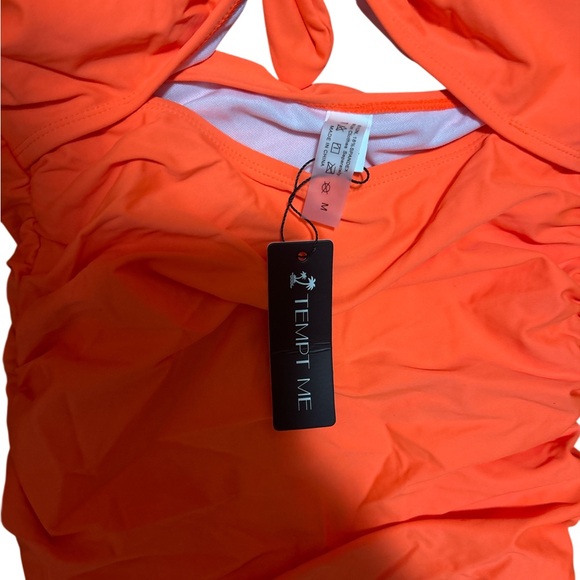 New Tempt Me Orange One Piece Swimsuit Medium Cut Out Bow Ruched Halter - Picture 3 of 4